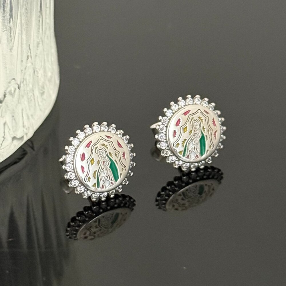 Virgin of GUADALUPE Bling Earrings S925 Sterling Silver Handmade Ear Stud
